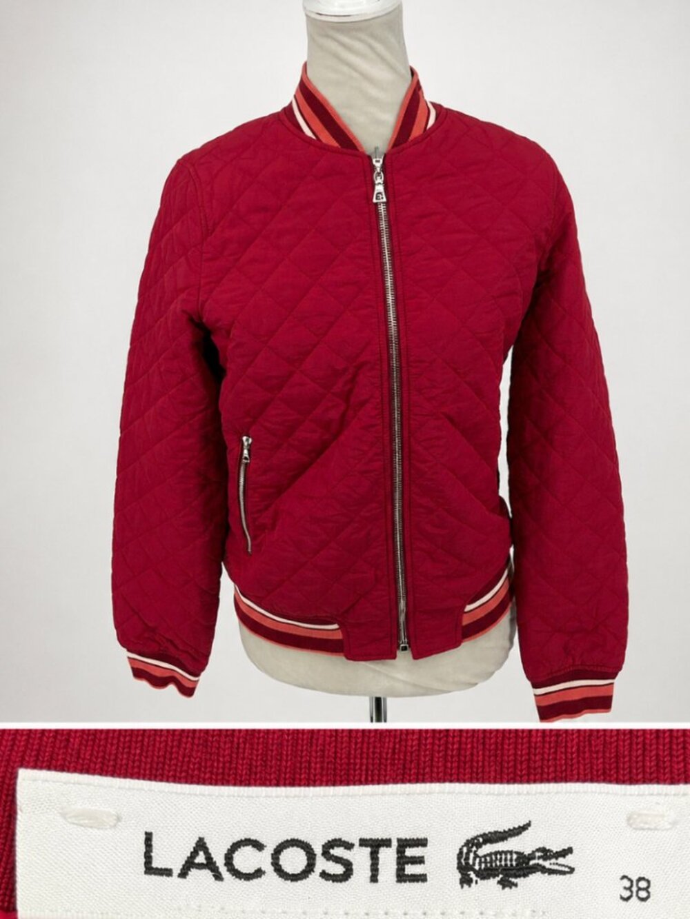 Lacoste Red Quilted Bomber Jacket Ribbed Trim Zip Up Lightweight Coat 38